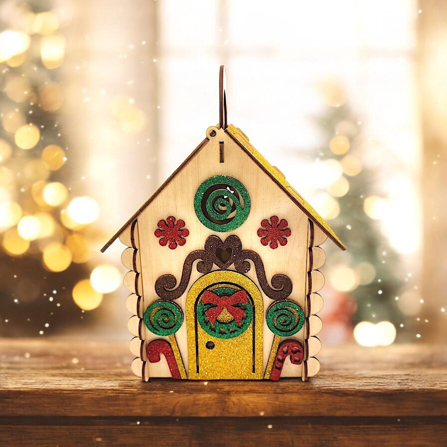 Casetta di marzapane - Villaggio di Natale - Decorazioni natalizie - Casetta in legno dorata di Natale