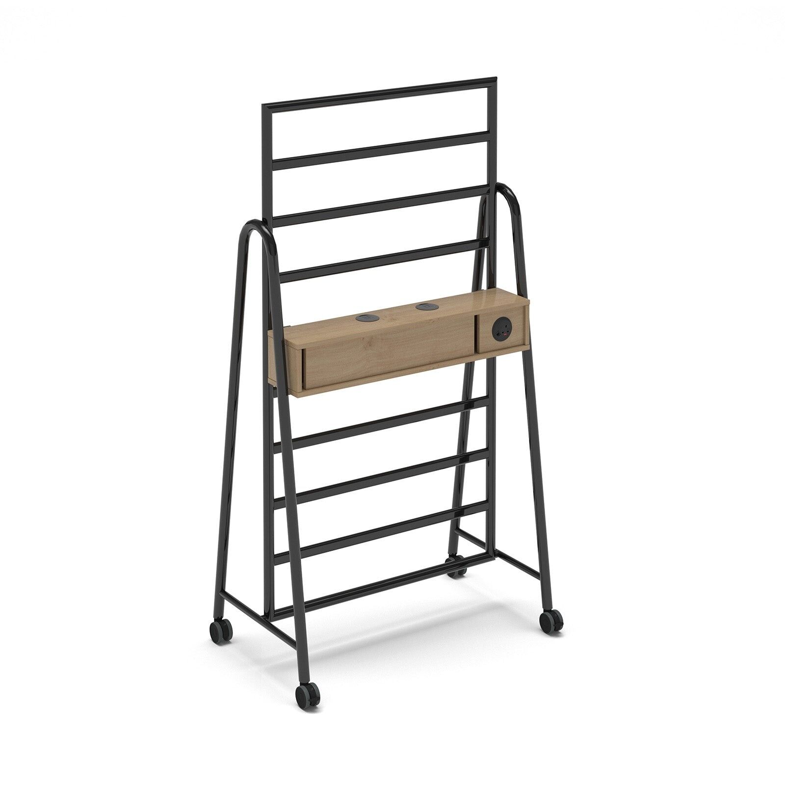 Show power bar add-on with battery and Pixel power module for mobile A-frame caddy system