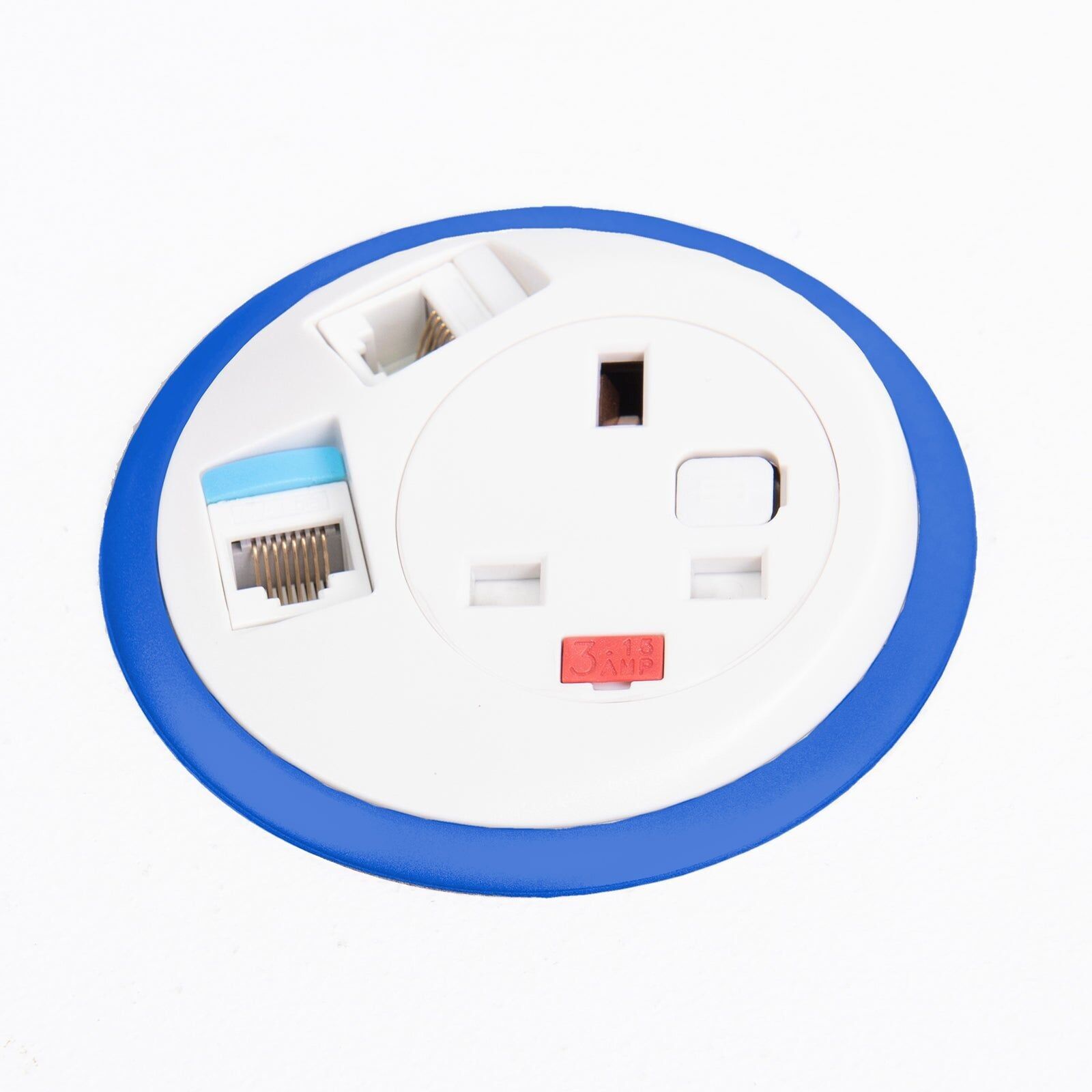 Pixel in-surface power module with 1 x UK socket, 2 x RJ45 sockets
