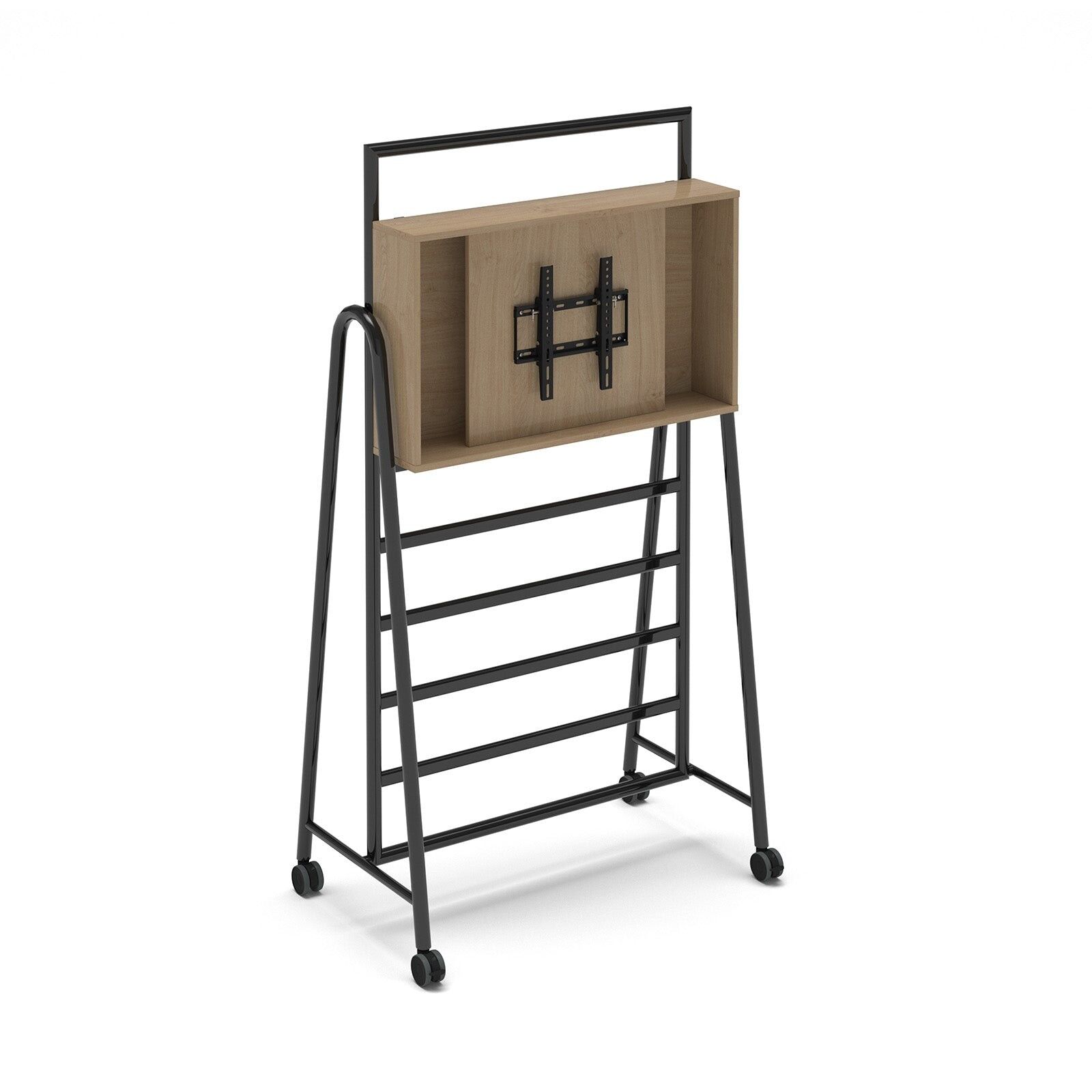 Show media unit add-on with TV bracket for mobile A-frame caddy system