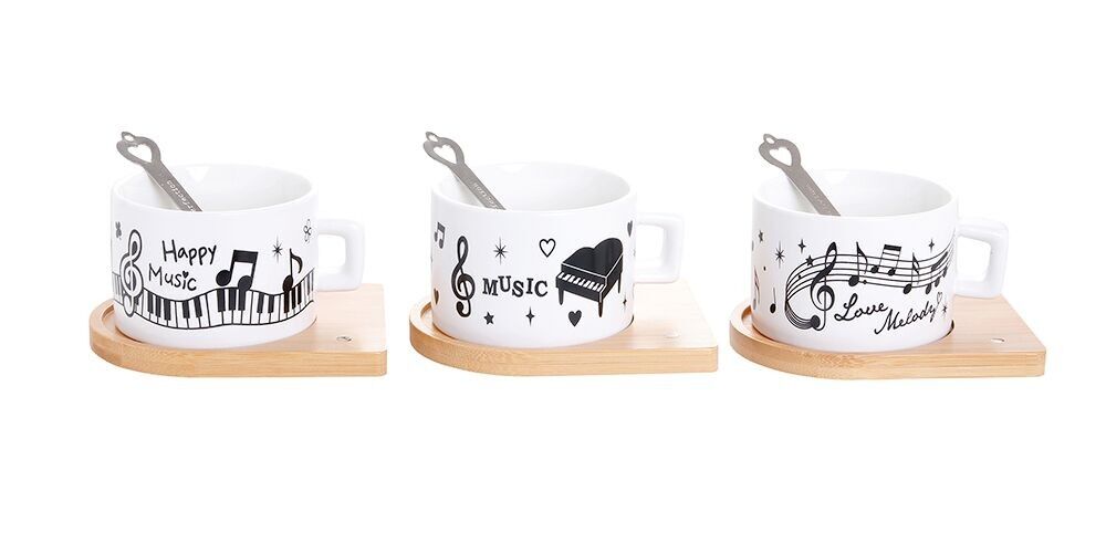 Ceramic mug 'MUSIC' with bamboo saucer and magnetic spoon in 4 colors. LM-674B