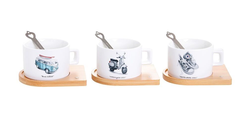 Taza de cerámica vintage con platillo de bambú y cuchara magnética en 4 colores.LM-674A