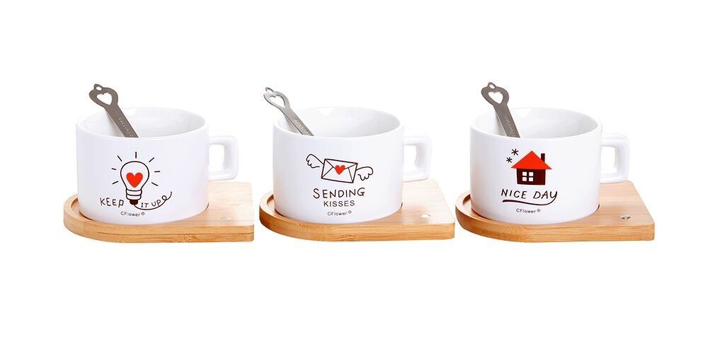 Taza de cerámica con platillo de bambú y cuchara magnética en 4 colores.LM-674C