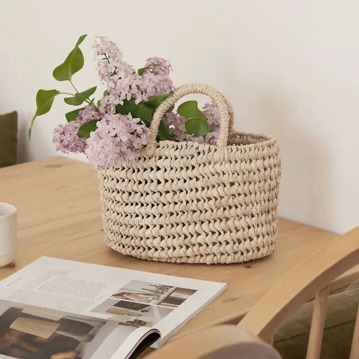 Cesta marroquí pequeña con asas de 18 cm | Almacenamiento de hojas de palma tejidas