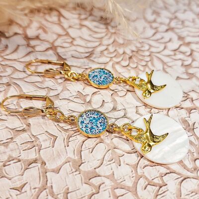 Boucles Nacre Oiseau Hirondelle résine tons bleu doré blanc Fête des mères Cadeau Maman Cadeau Noël Maîtresse
