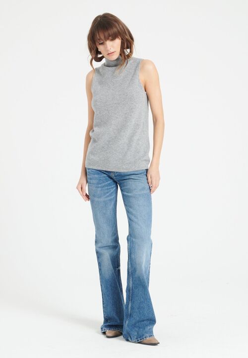 LILLY 13 Pull col roulé sans manches en cachemire gris clair