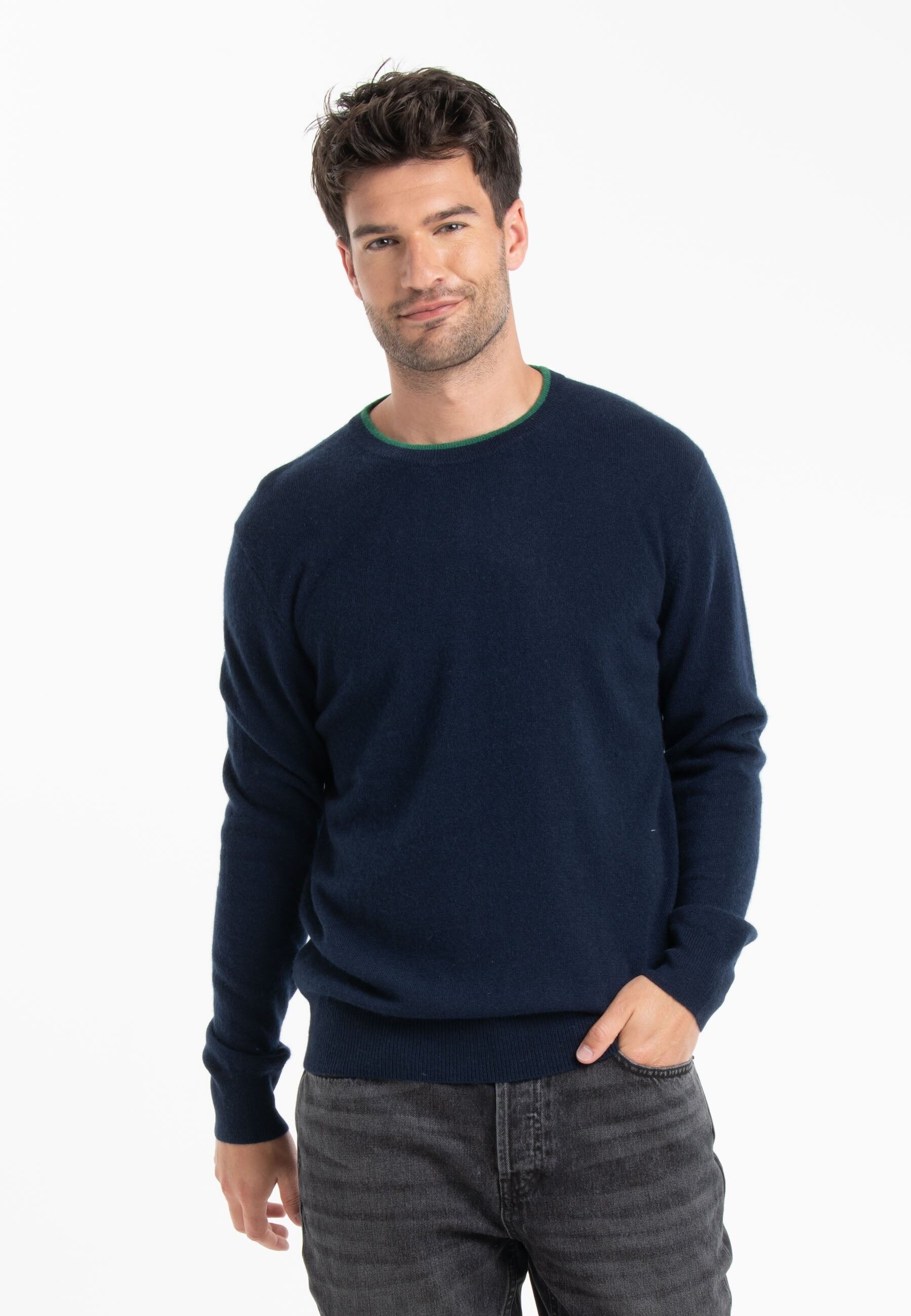 GABI 5 Maglia bicolore doppio girocollo in cashmere navy/smeraldo