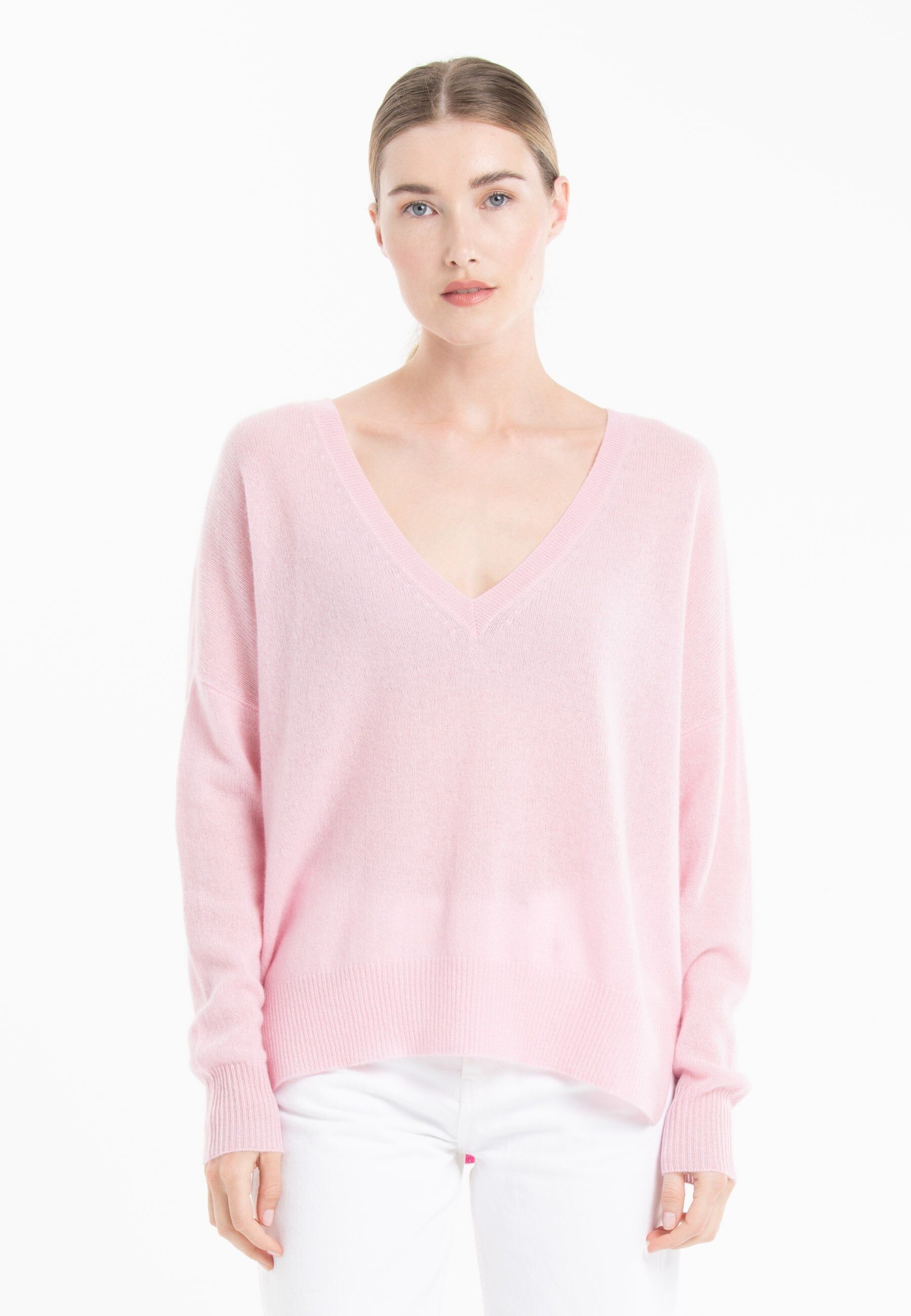 NAMI 23 Maglia in cashmere con scollo a V e riga rosa