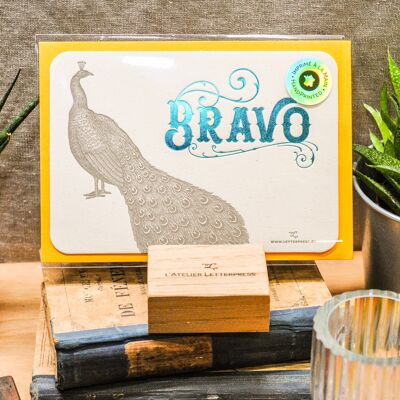 Carte Letterpress Bravo Paon, turquoise (avec enveloppe), dorure à chaud, A6, vintage, voeux, félicitations