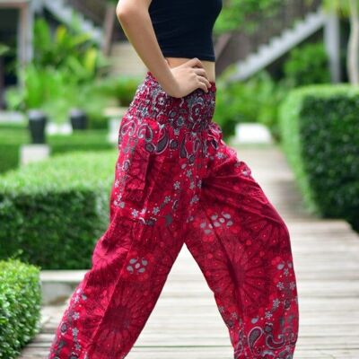 Pantalones harén con cintura elástica fruncida y estampado de salpicaduras de tinta roja de Bohotusk para mujer, tallas S/M a LXL