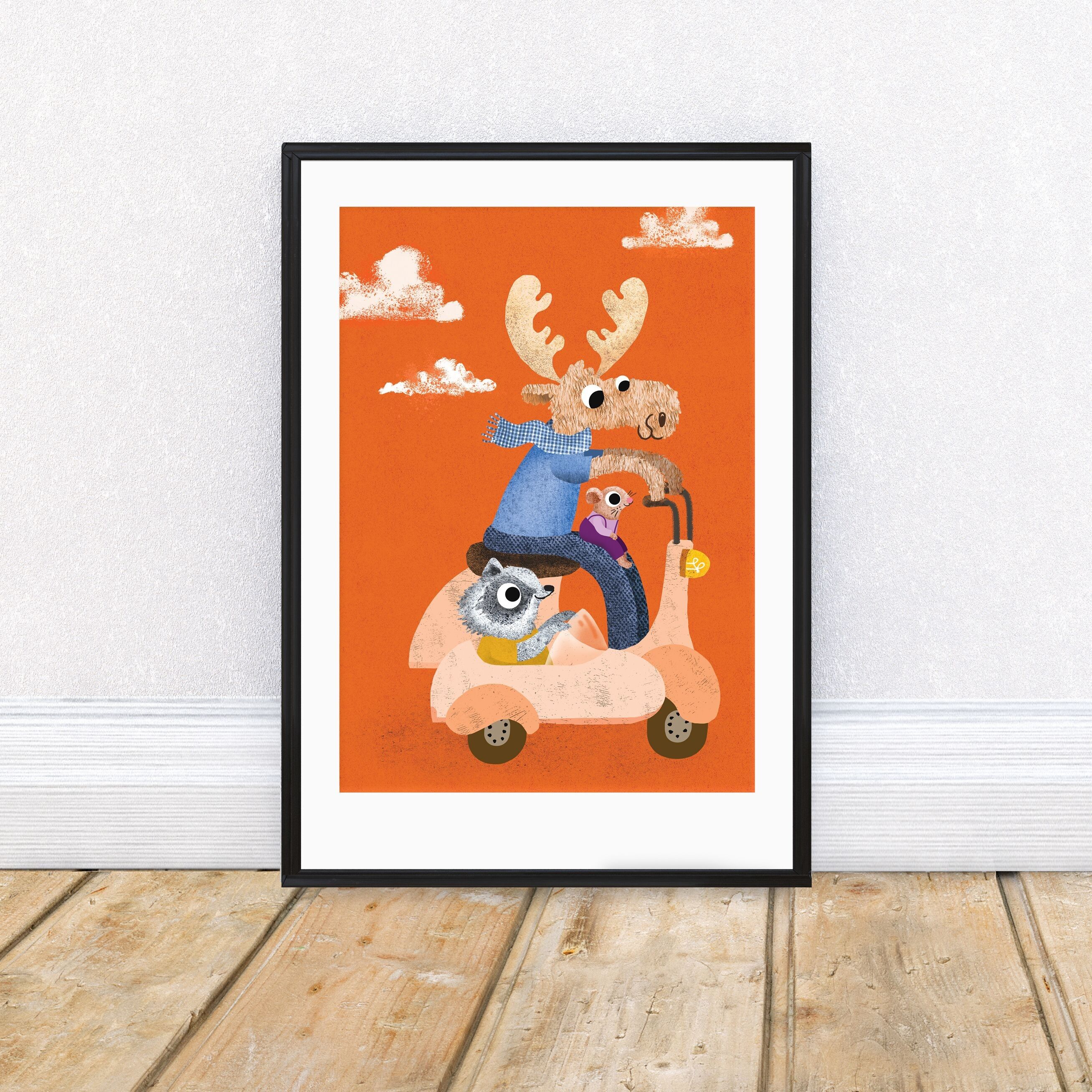 Impresión artística tamaño A4 de un alce en motocicleta