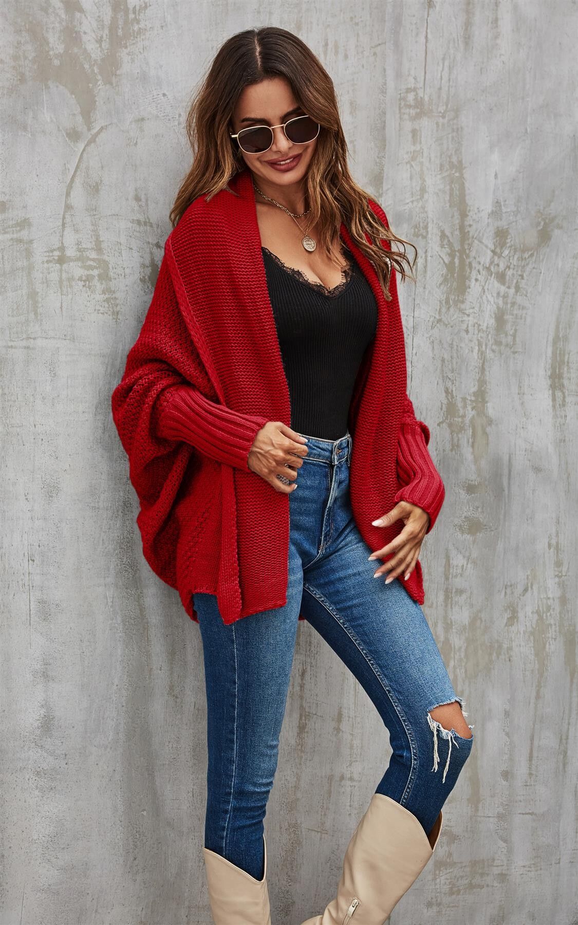 Cardigan oversize à gros plis rouge foncé