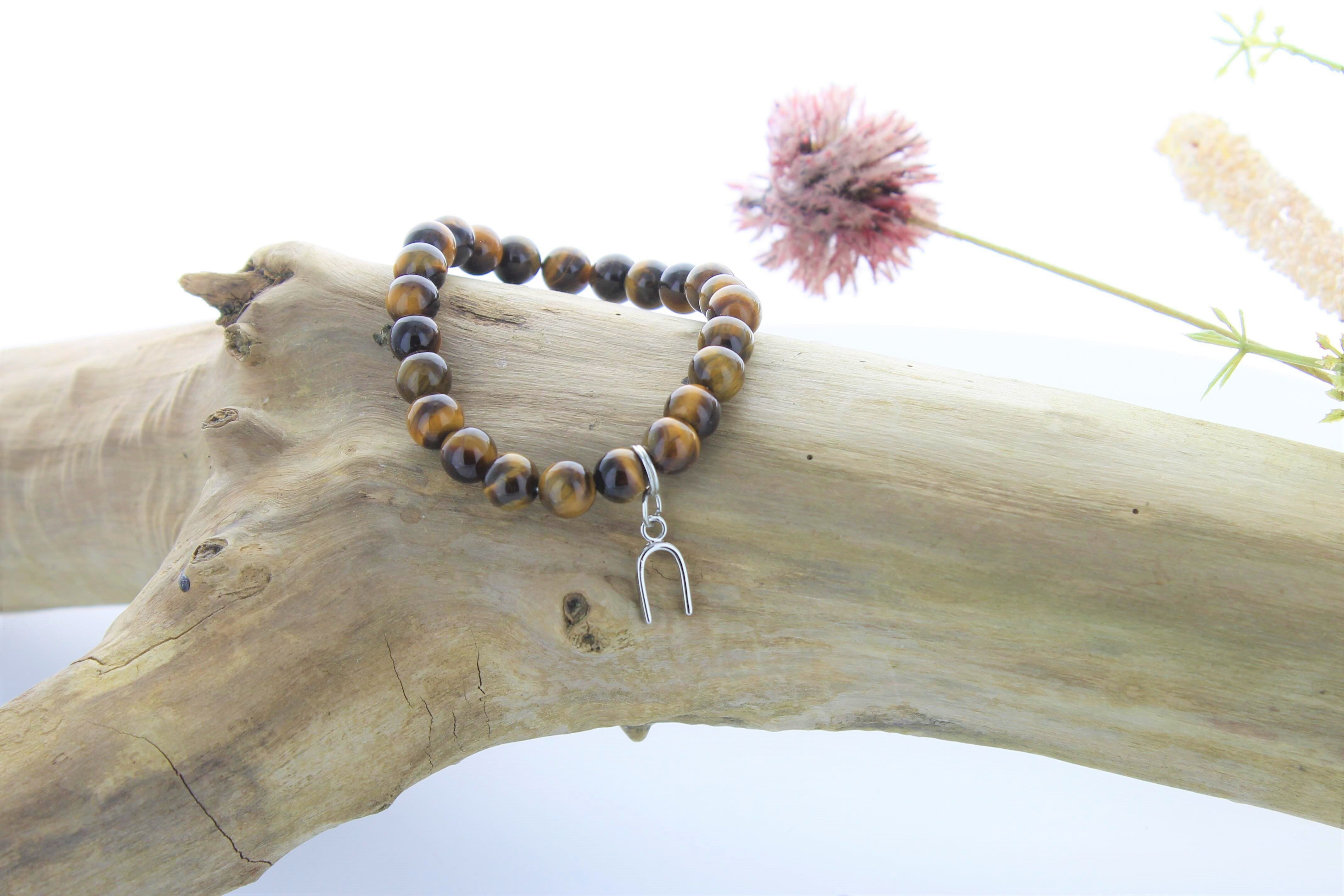 Bracciale Occhio di Tigre Perline tonde da 8 mm e ciondolo a ferro di cavallo