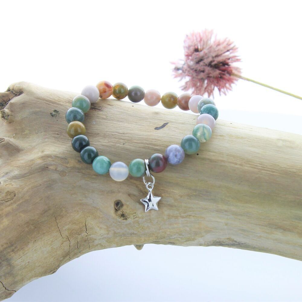 Bracciale in Agata Multicolor con Perline Tonde da 8 mm e Charm a Stella