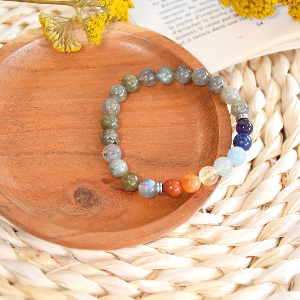 7 Chakras Labradorite Bracelet Round Beads 8 mm