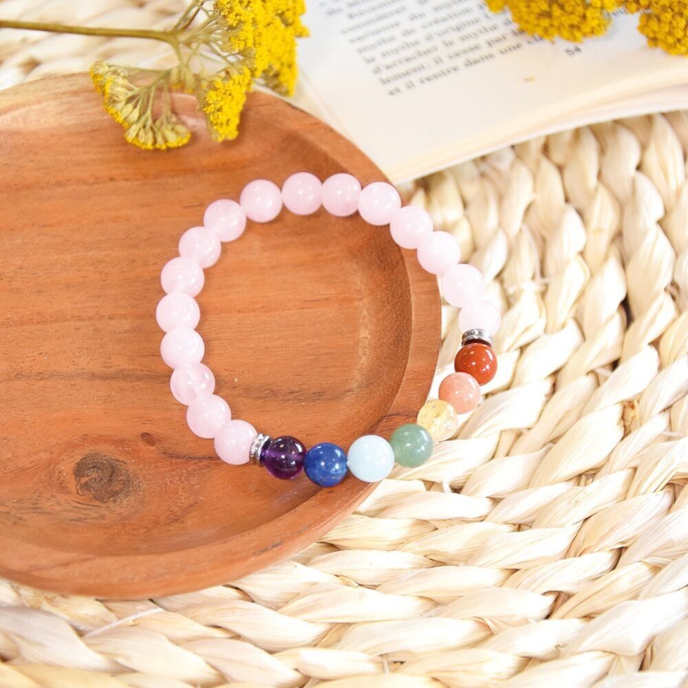 Bracelet 7 Chakras Pink Quartz Round Beads 8 mm