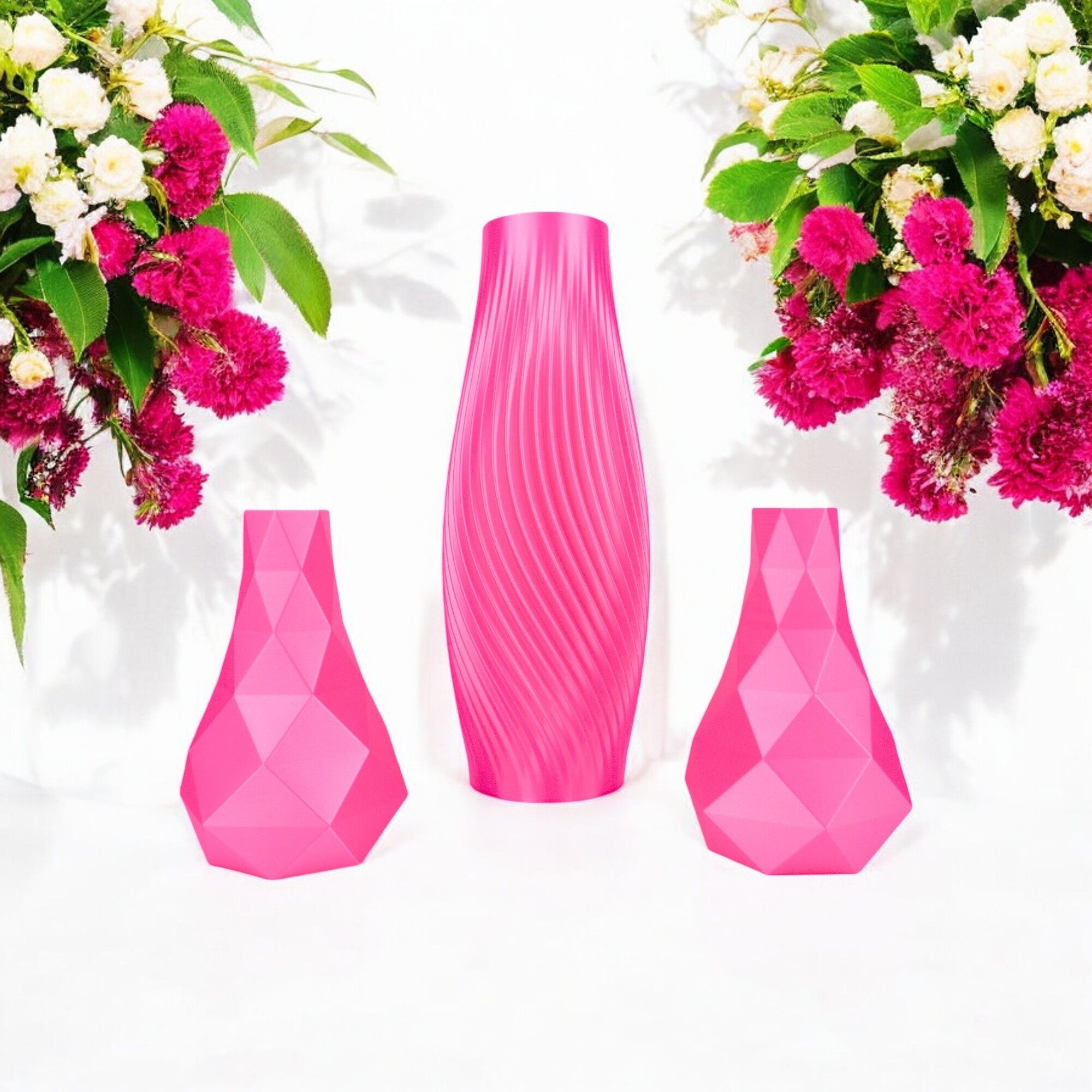 Leuchtend rosa 3D-Vasen – 3er-Set, darunter 1 große und 2 kleine