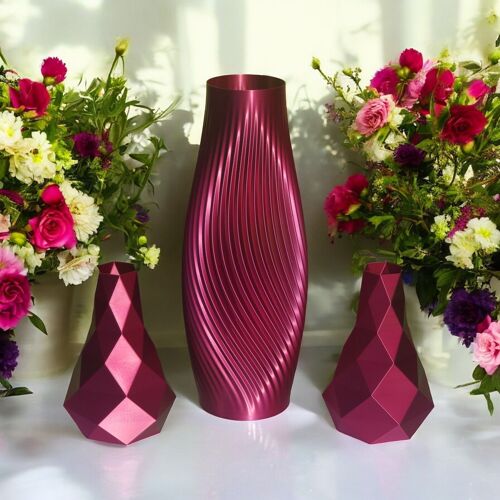 Vases Géométriques Bordeaux 3D - lot de 3 comprenant 1 grand et 2 petits