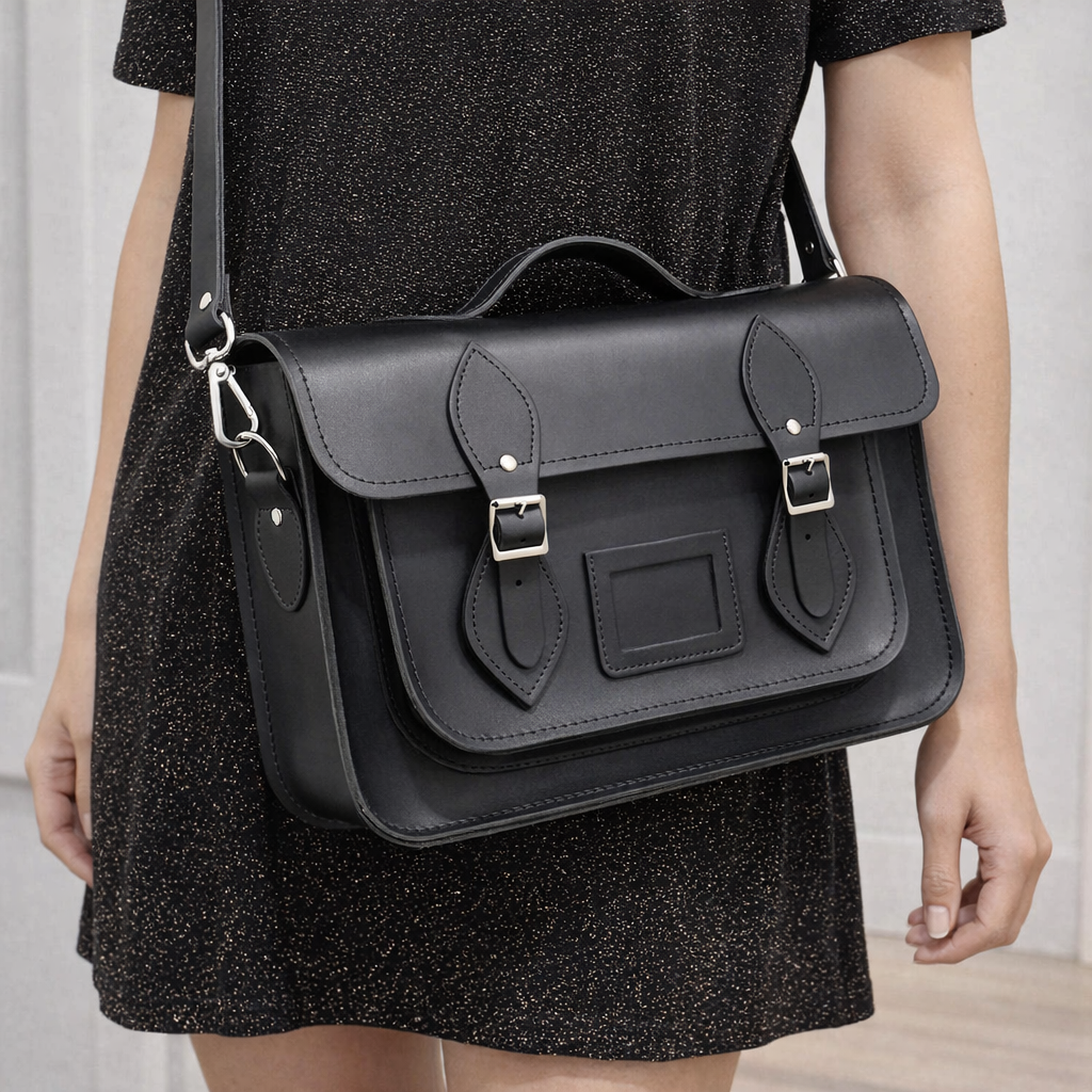 Handmade Leather Satchel Black - 13'' with Magnetic Fastenings & Top Handle