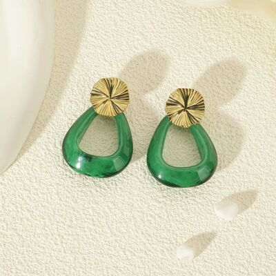 Boucles d'oreilles Dorées Cercle avec Acrylique Vert Anneau