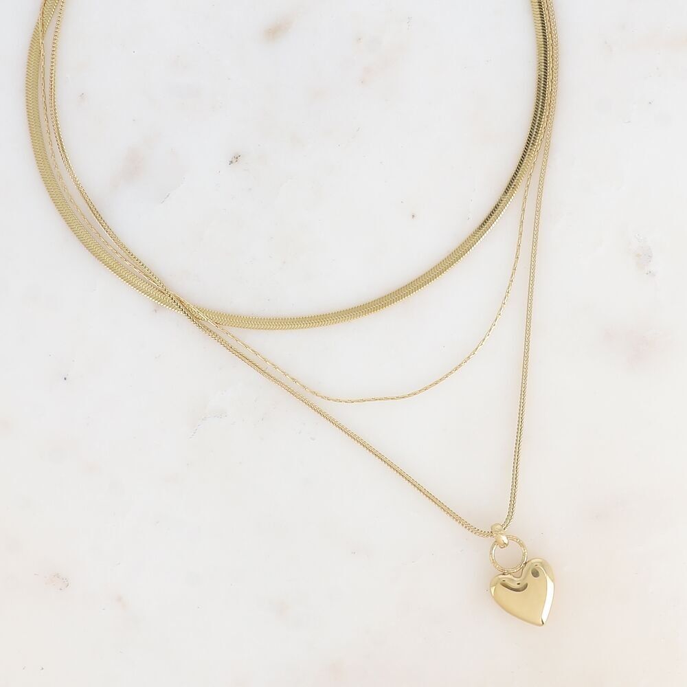 Mehrreihige Halskette – 3 Reihen, quadratische Schlangenglieder, Paloma und Spiegel, glänzender Herzanhänger