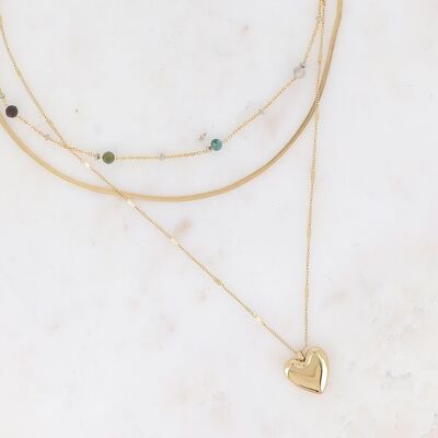 Collar de 3 hileras: perlas esmaltadas, piedras naturales, eslabones de espejo y preso alternados con colgante de corazón