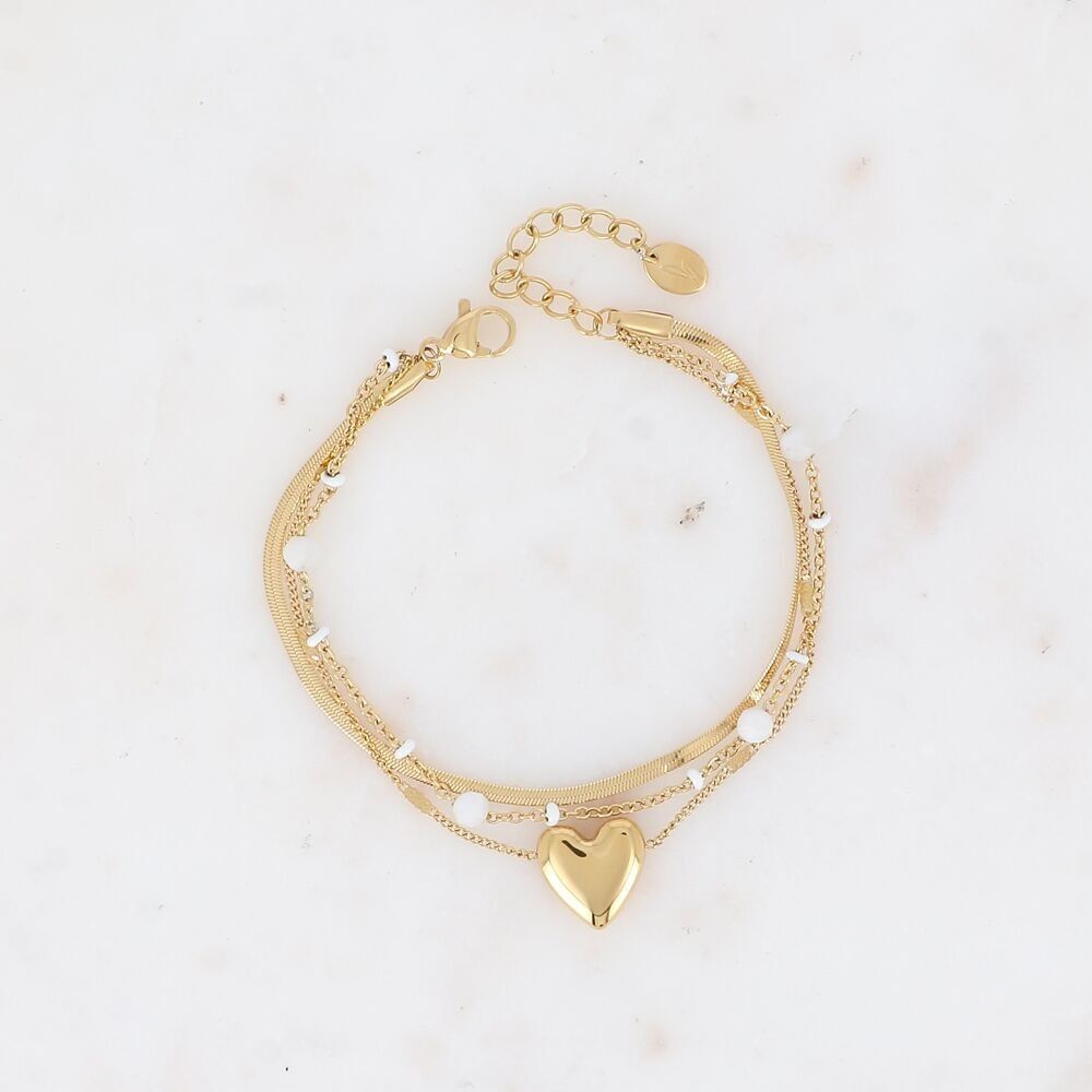 Bracciale a 3 file - smalto, pietre naturali, rete a specchio e pendente a cuore