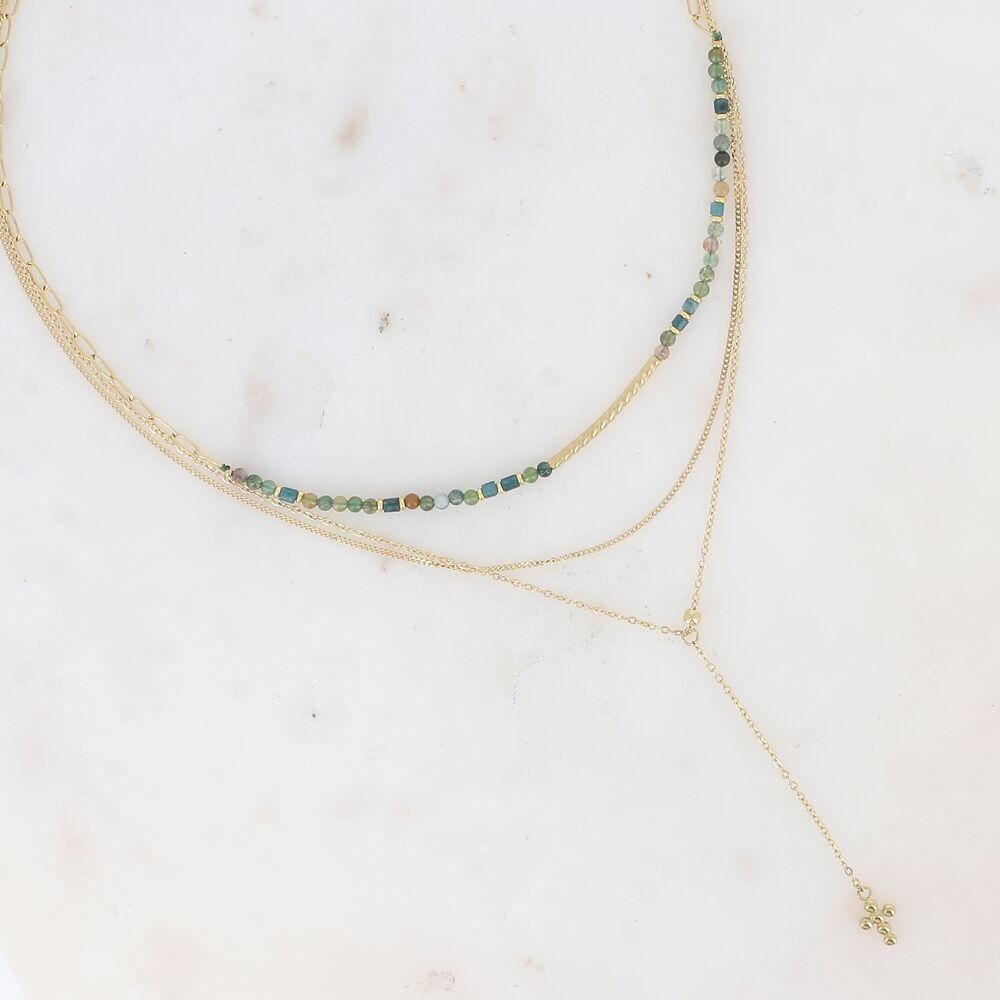 3-row necklace - natural stones with striated tube, fine curb chain, Y-style cable with cross