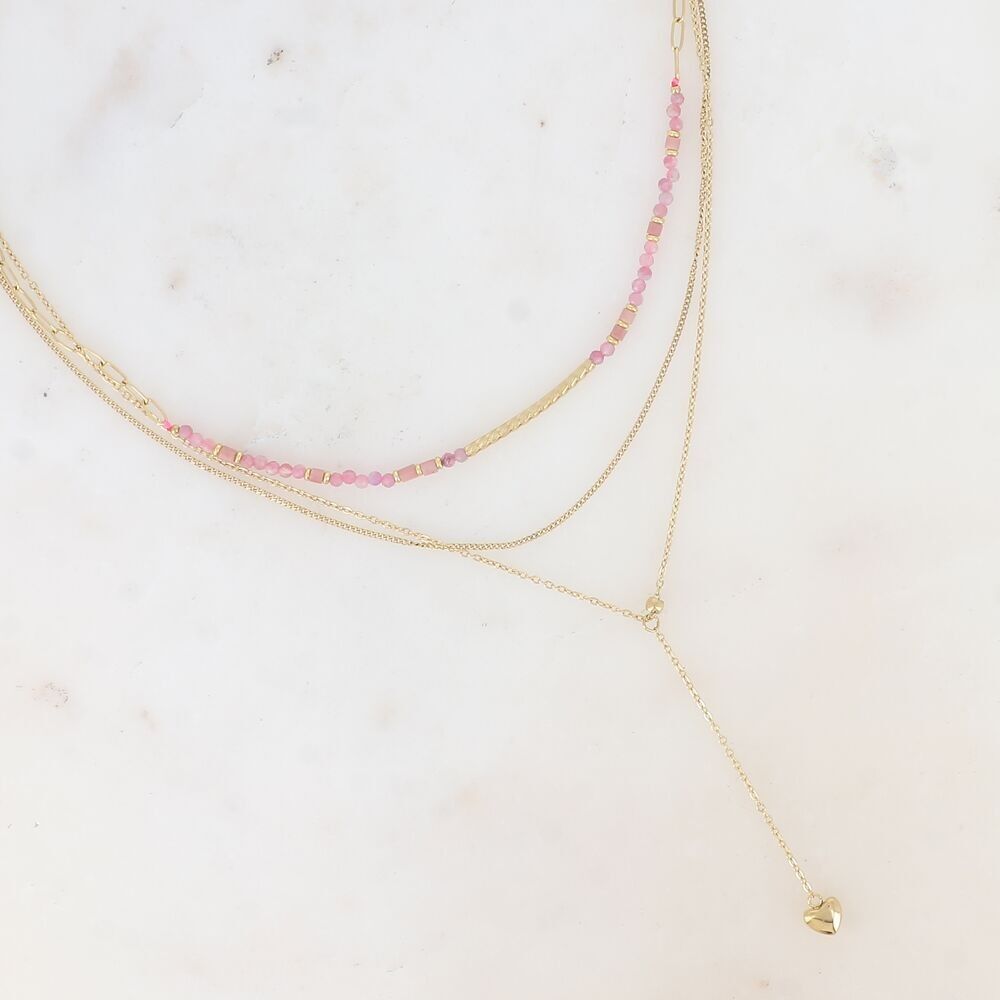 Eugénie 3-reihige Halskette – Natursteine ​​mit gestreifter Röhre, feines Panzerkettenglied, Y-Stil-Sträfling mit Herz