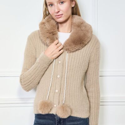 Cárdigan de canalé con cuello de pelo sintético y pompones - 576