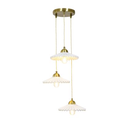Lámpara colgante de 3 luces de cerámica blanca y metal dorado Babouchka