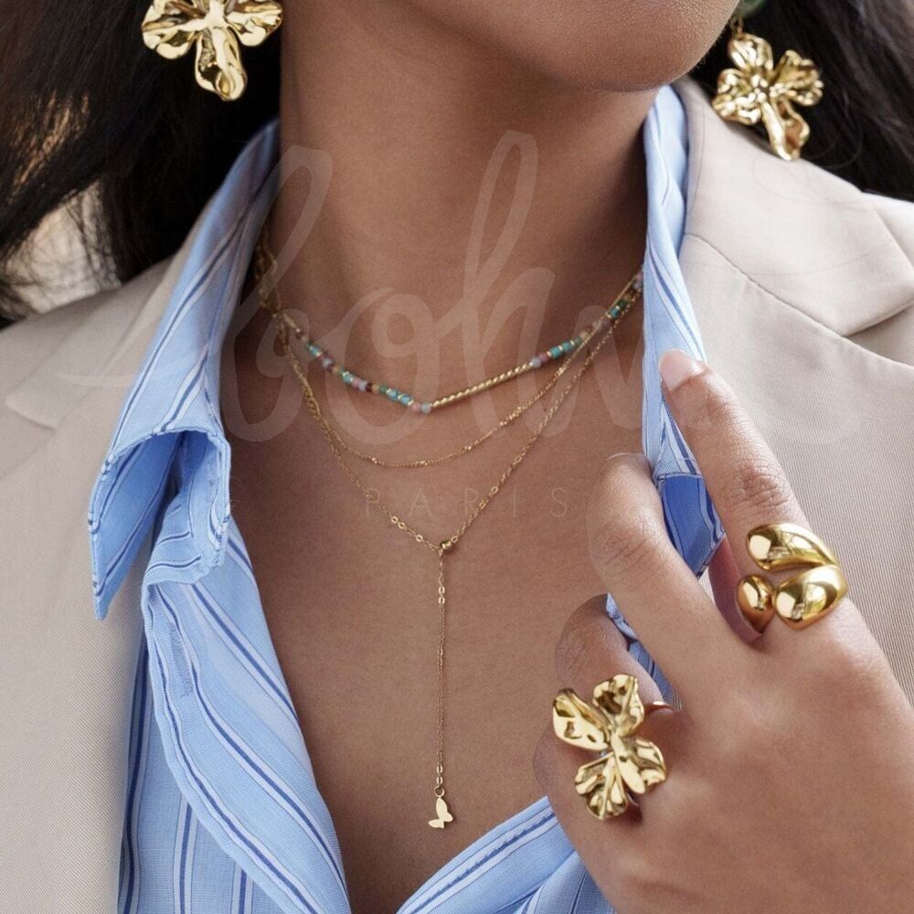 Louise 3-row necklace - natural stones with striated tube, fine curb chain, Y-style cable with butterfly