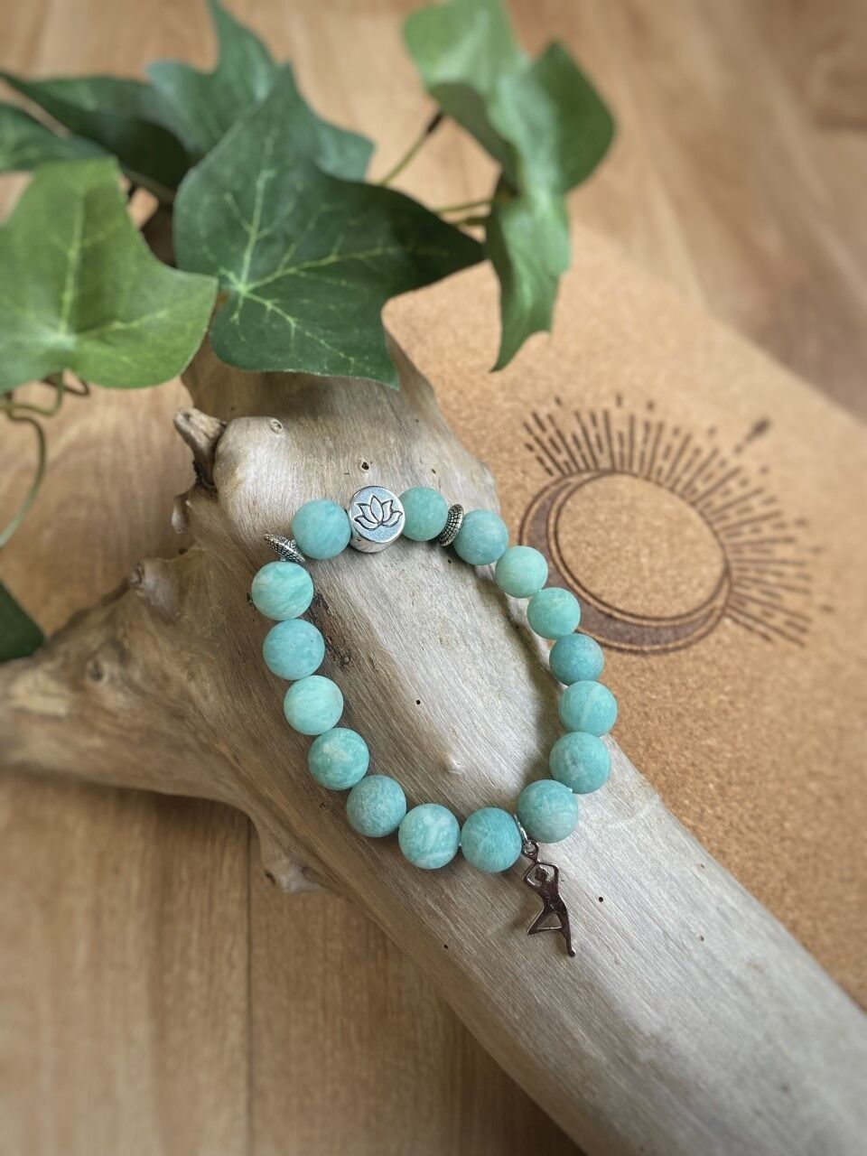 Bracciale in amazzonite con perline rotonde da 10 mm, ciondolo con albero yoga