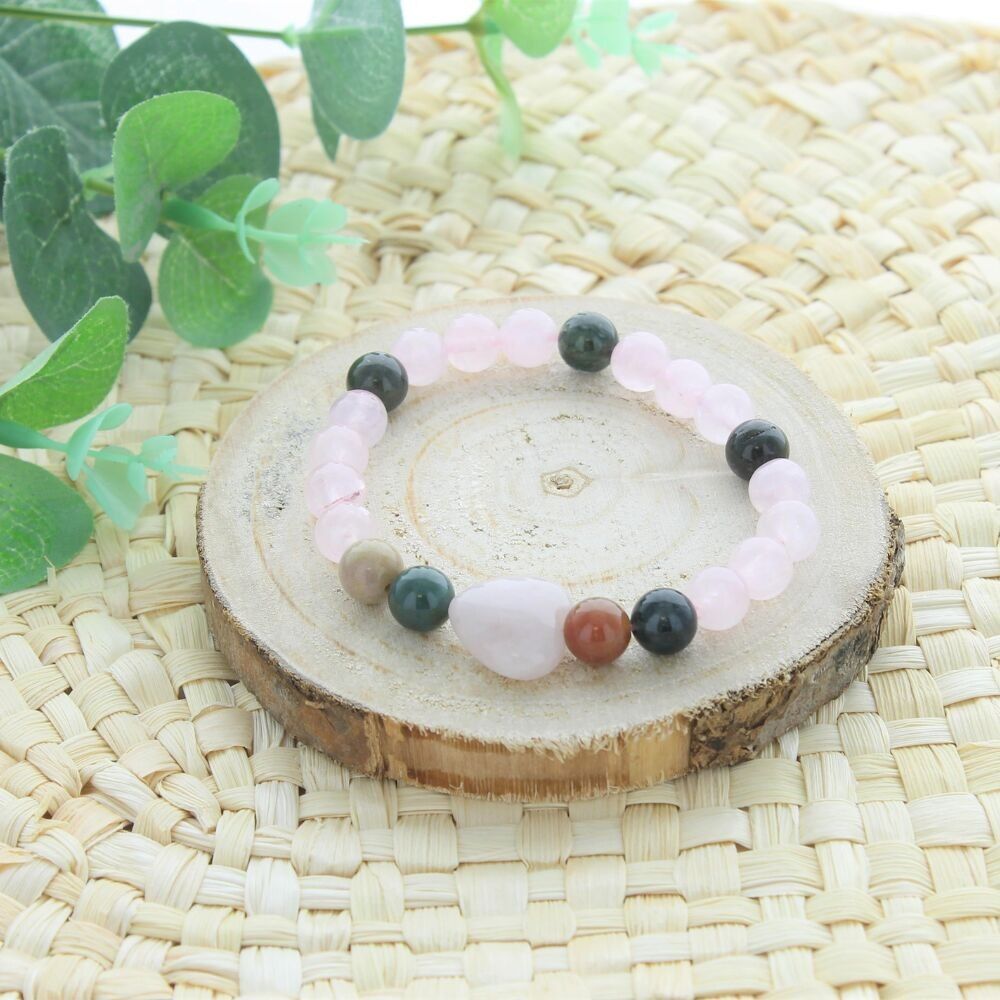 Rosenquarz-Achat-Armband, runde Perlen, 8 mm, Herzperle 15 mm