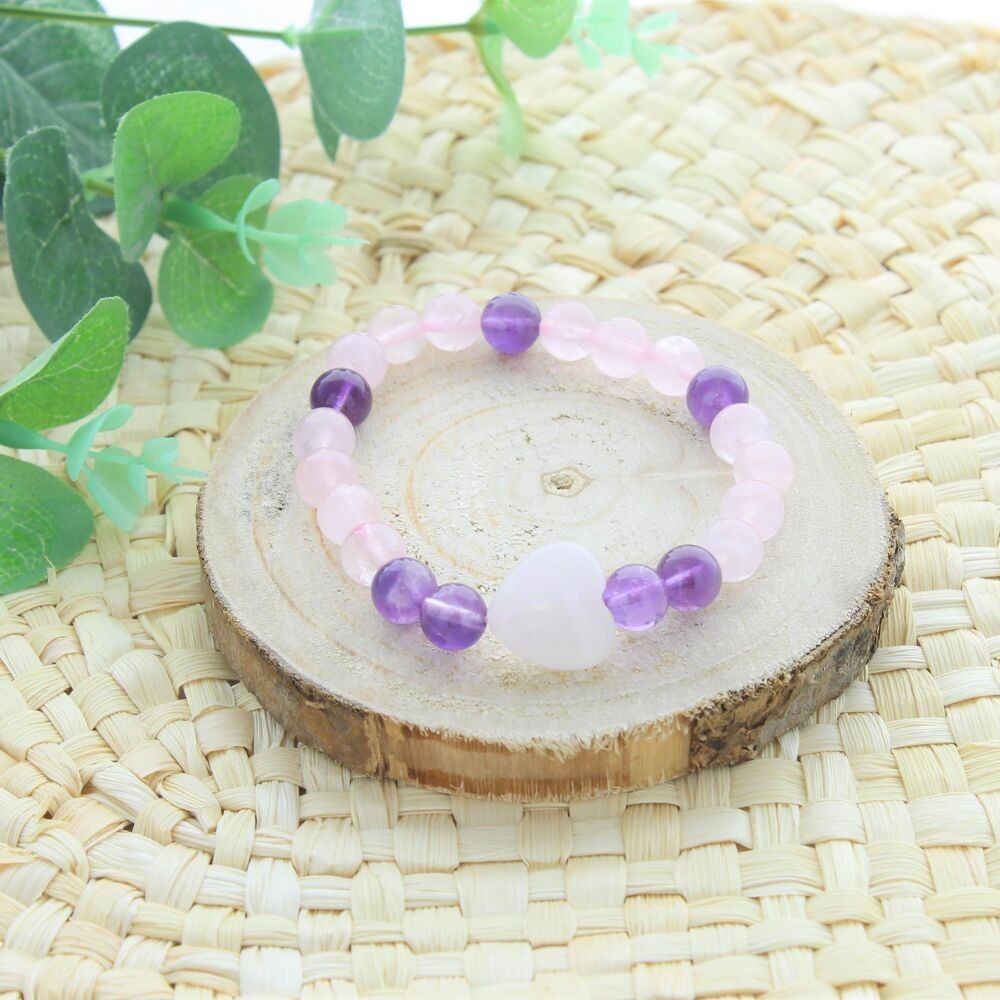Armband Rosenquarz Amethyst Runde Perlen 8 mm Herzperle 15 mm