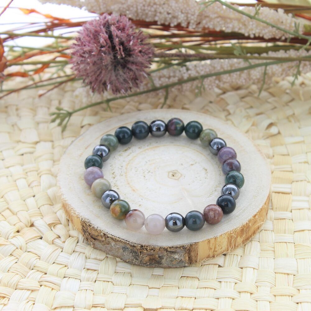 Bracciale Agata Multicolore ed Ematite Perle Rotonde 8 mm