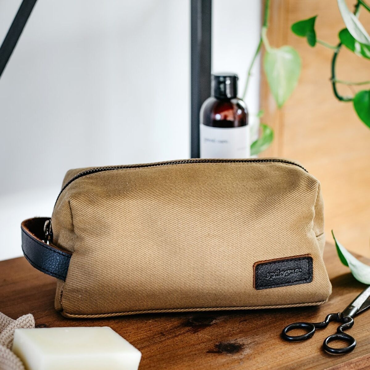 Borsa da toilette in tela e pelle - Beige