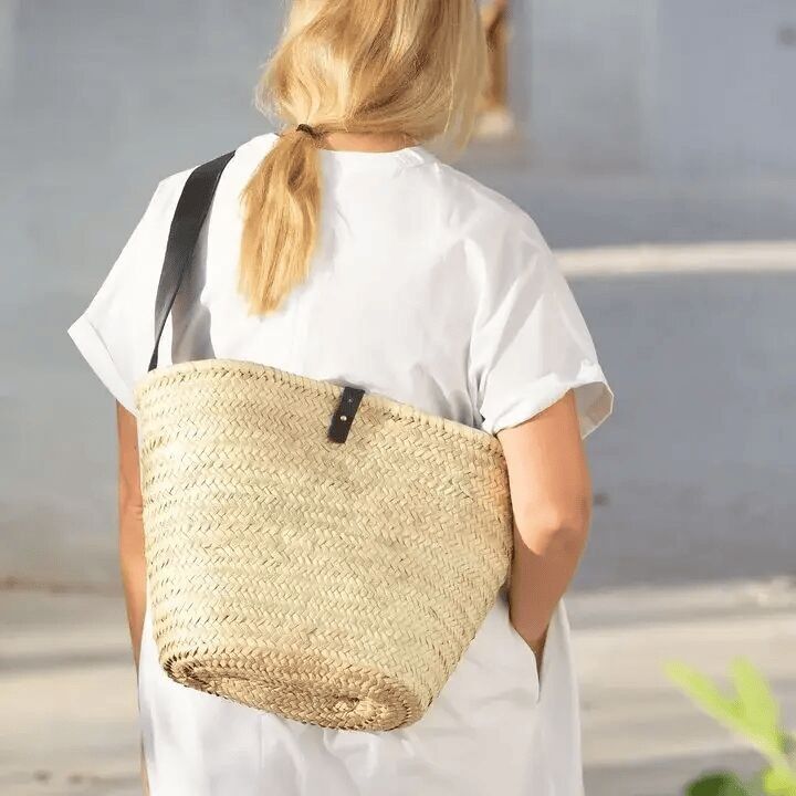 Grand panier marocain tressé avec anse en cuir | Sac cabas de plage