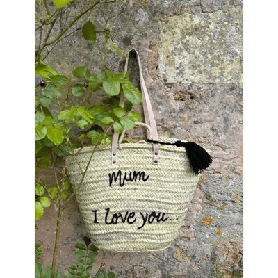 Double-Handled Embroidered Basket - Mum, I Love You (Black)
