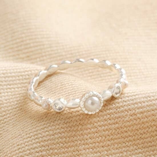 Dainty Pearl and Crystal Stacking Ring in Silver L/XL Size 8