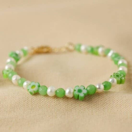 Braccialetto con perline a forma di fiore verde Millefiori