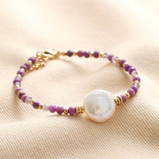 Bracciale in pietra con perline viola in acciaio inossidabile