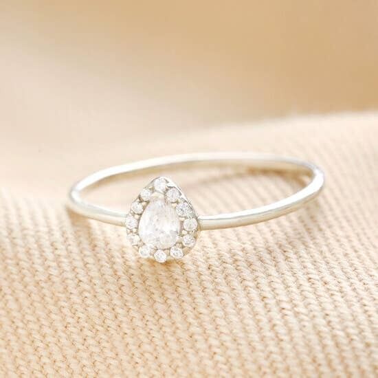 Sterling Silver Crystal Teardrop Ring - L/XL