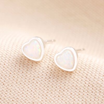 Sterling Silver Opal Heart Stud Earrings