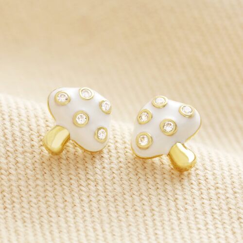 White Enamel Mushroom Stud Earrings in Gold