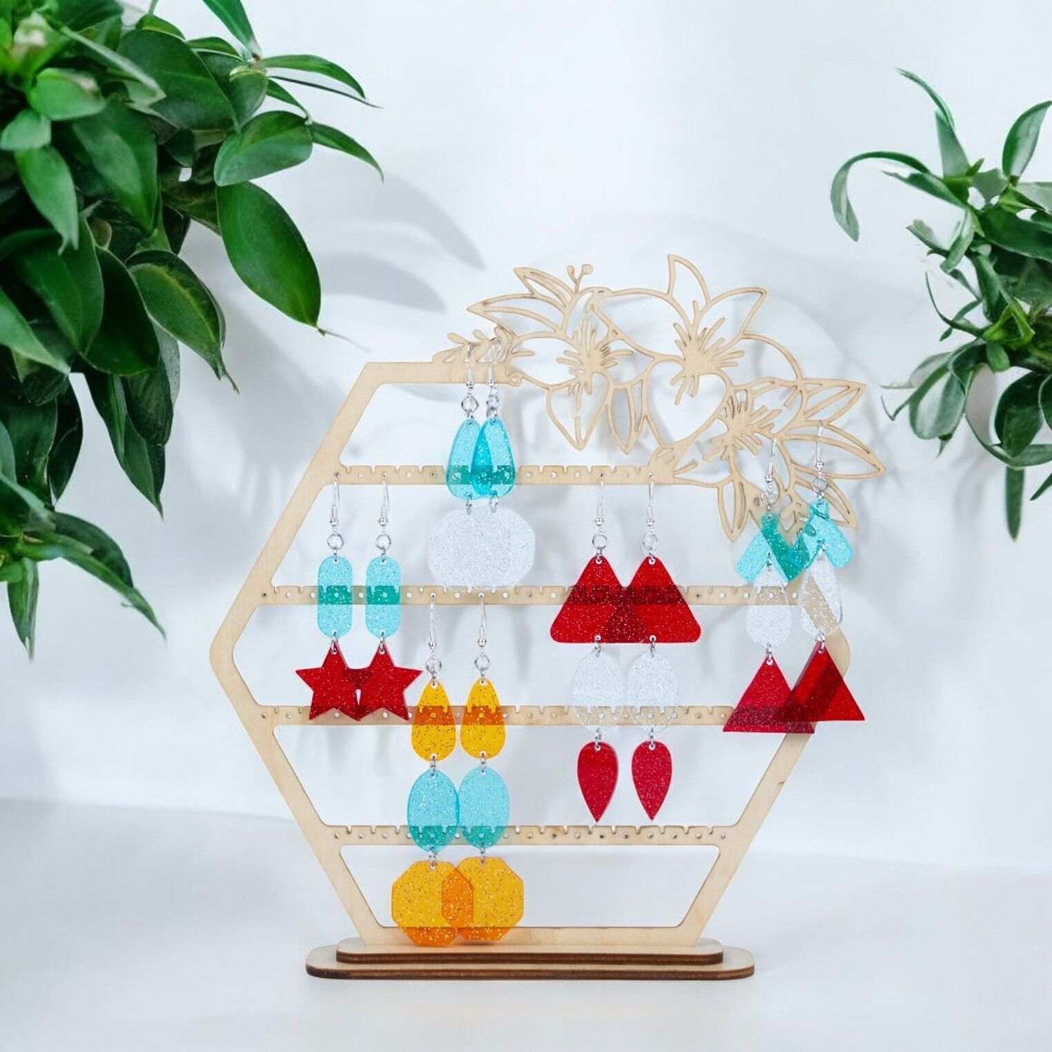 Floral hexagon wooden jewelry holder