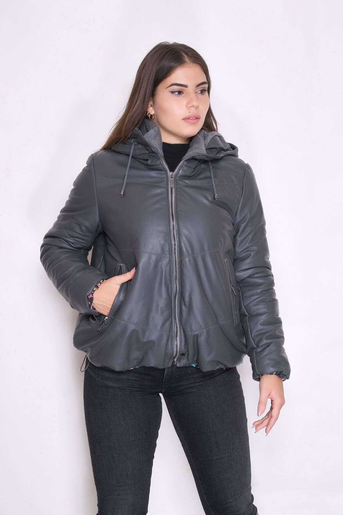 PIUMINIO CON CAPPUCCIO IN  PELLE 130 GRAMMI (IVAN LO)