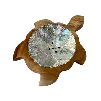 Turtle Soap Dish, Teak Wood with Abalone Inlay, Approx. 12cm
