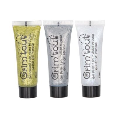 Assortimento di Gel Glitter per il Trucco delle Feste in tubo da 25 ml - Oro, Argento, Cristallo
