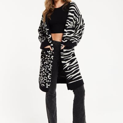 Cardigan long contrasté à imprimé animalier Liquorish en noir et blanc